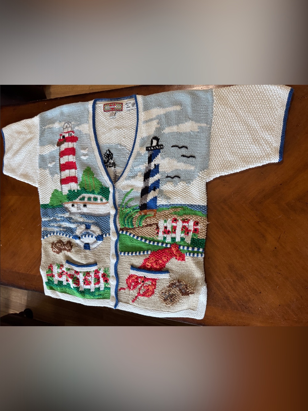 Nautical Embroidered Knit Cardigan - White with Multicolor Harbor Motif